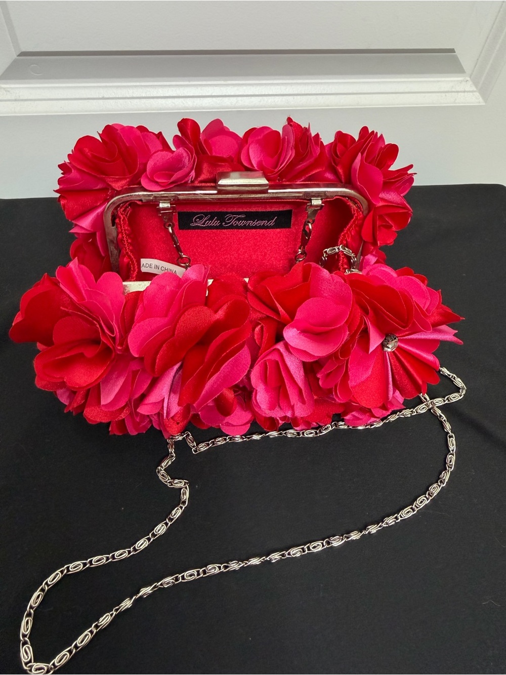 Lulu Townsend Pink 3D Floral Rhinestone‎ Clutch Crossbody Evening Bag